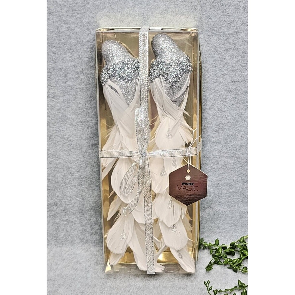 White Silver Glitter‎ Feather Birds Christmas Tree Ornaments Clip On Shabby 2 Pc